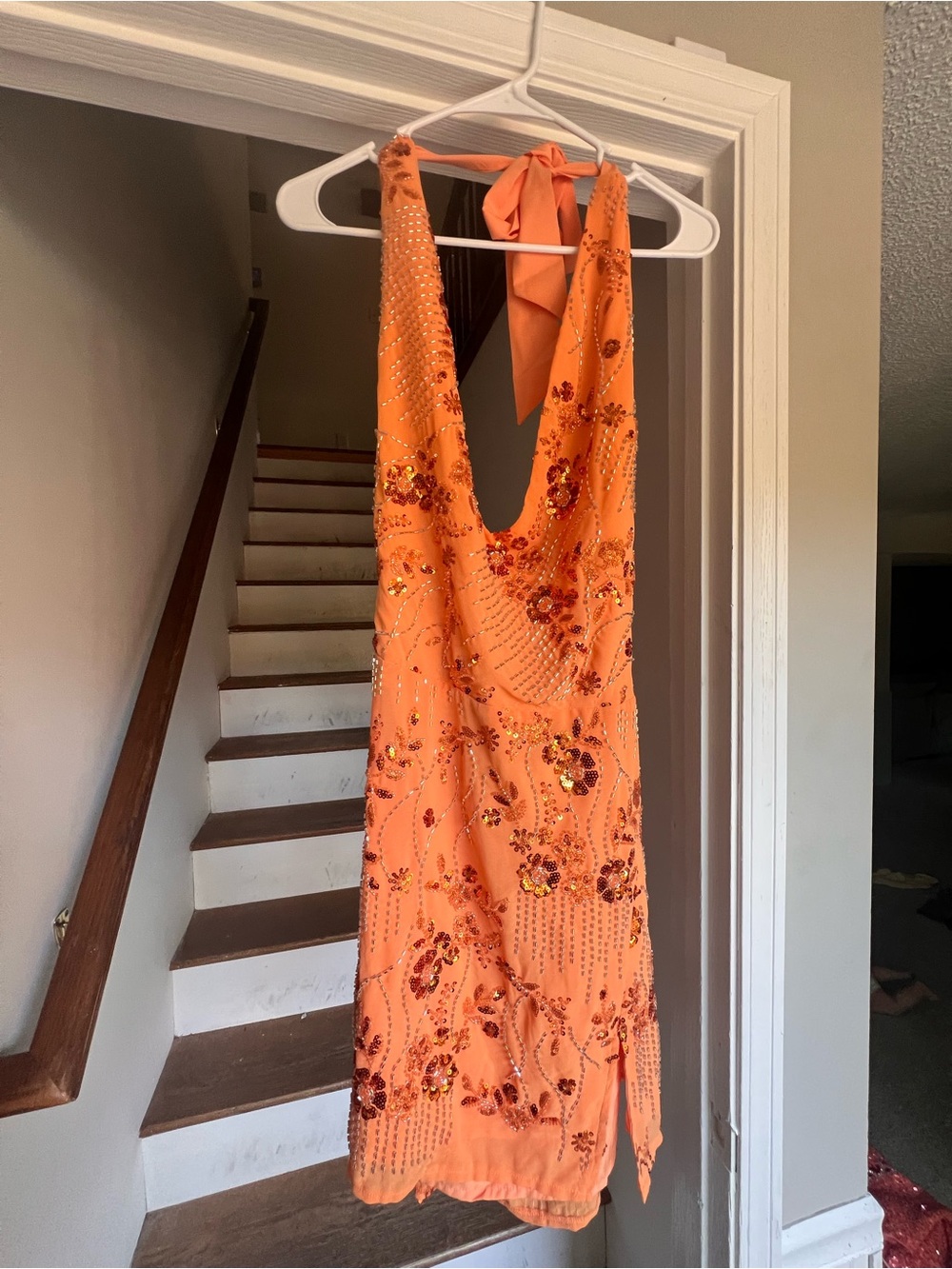 Embellished Orange Halter Cocktail Dress